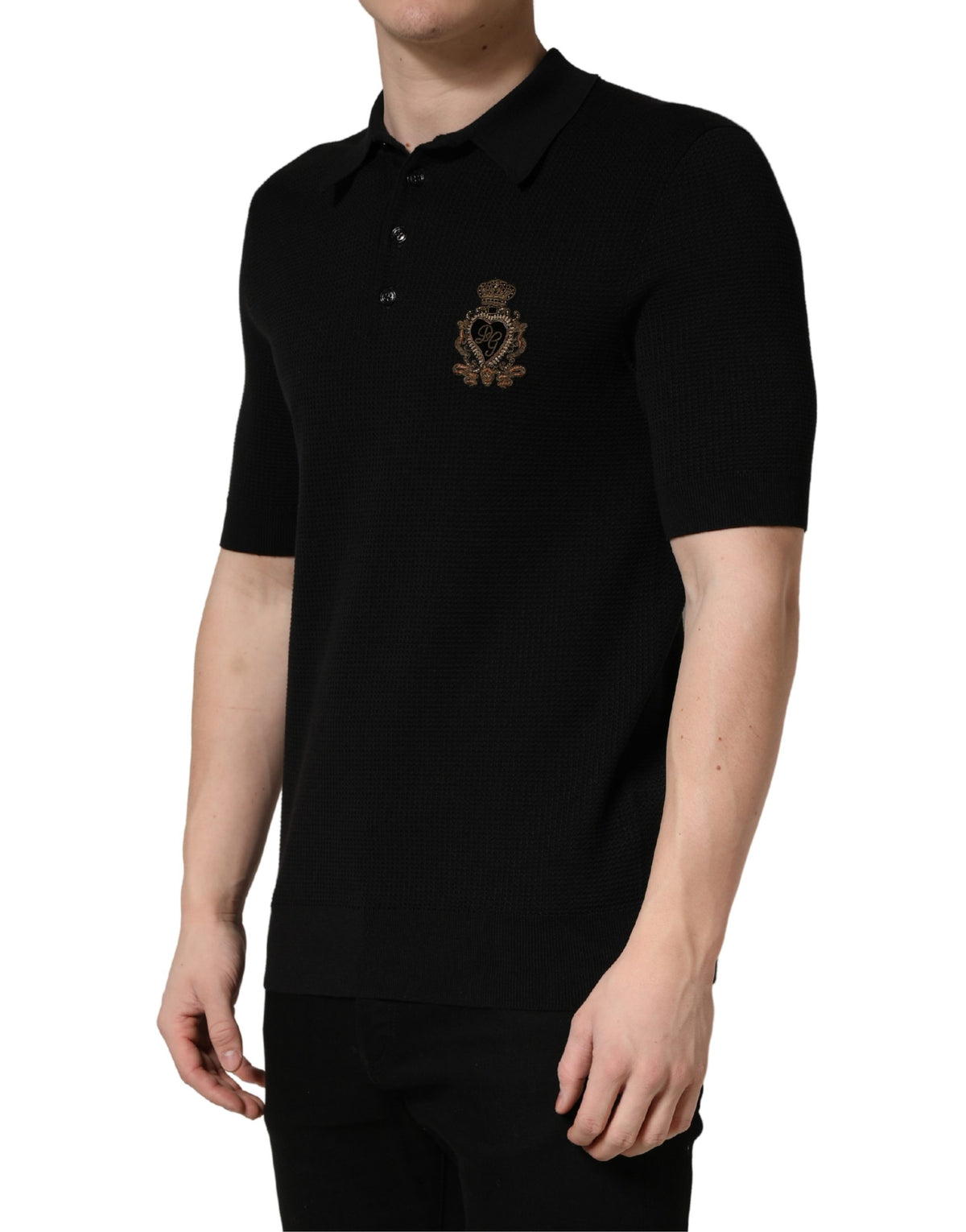 T-shirt polo en soie Dolce & Gabbana noir avec écusson héraldique