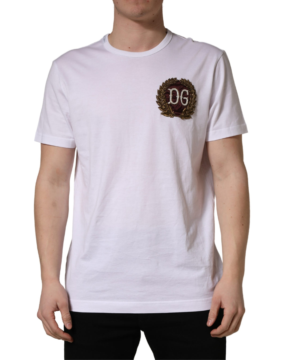 T-shirt Dolce & Gabbana blanc col rond broderie feuille DG