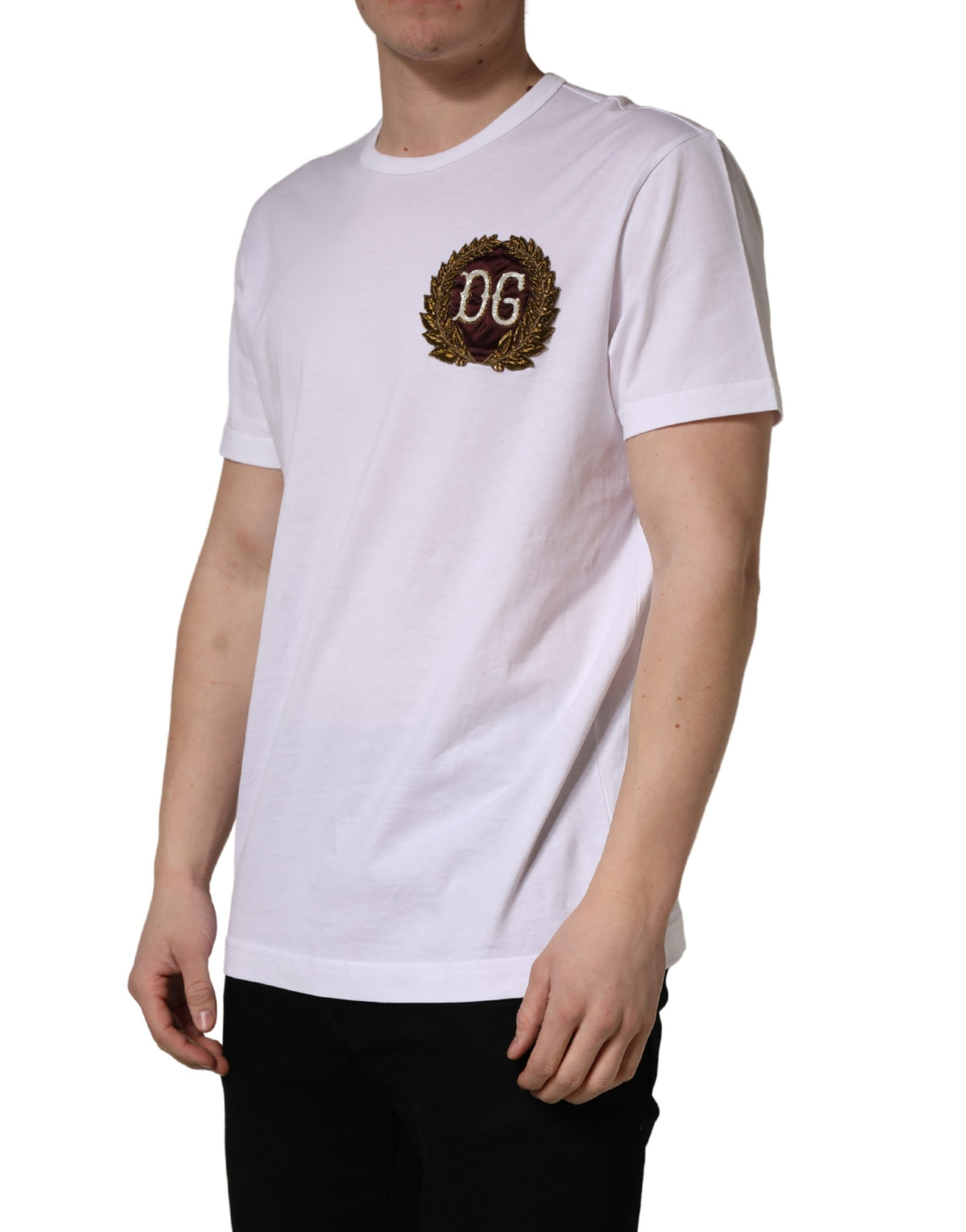T-shirt Dolce & Gabbana blanc col rond broderie feuille DG