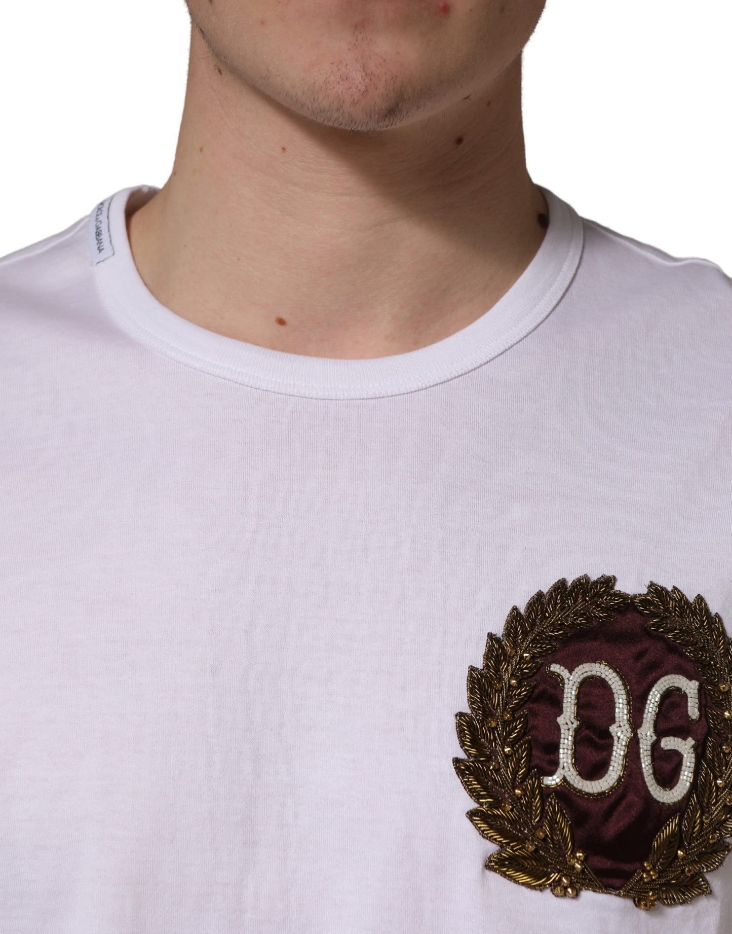 T-shirt Dolce & Gabbana blanc col rond broderie feuille DG