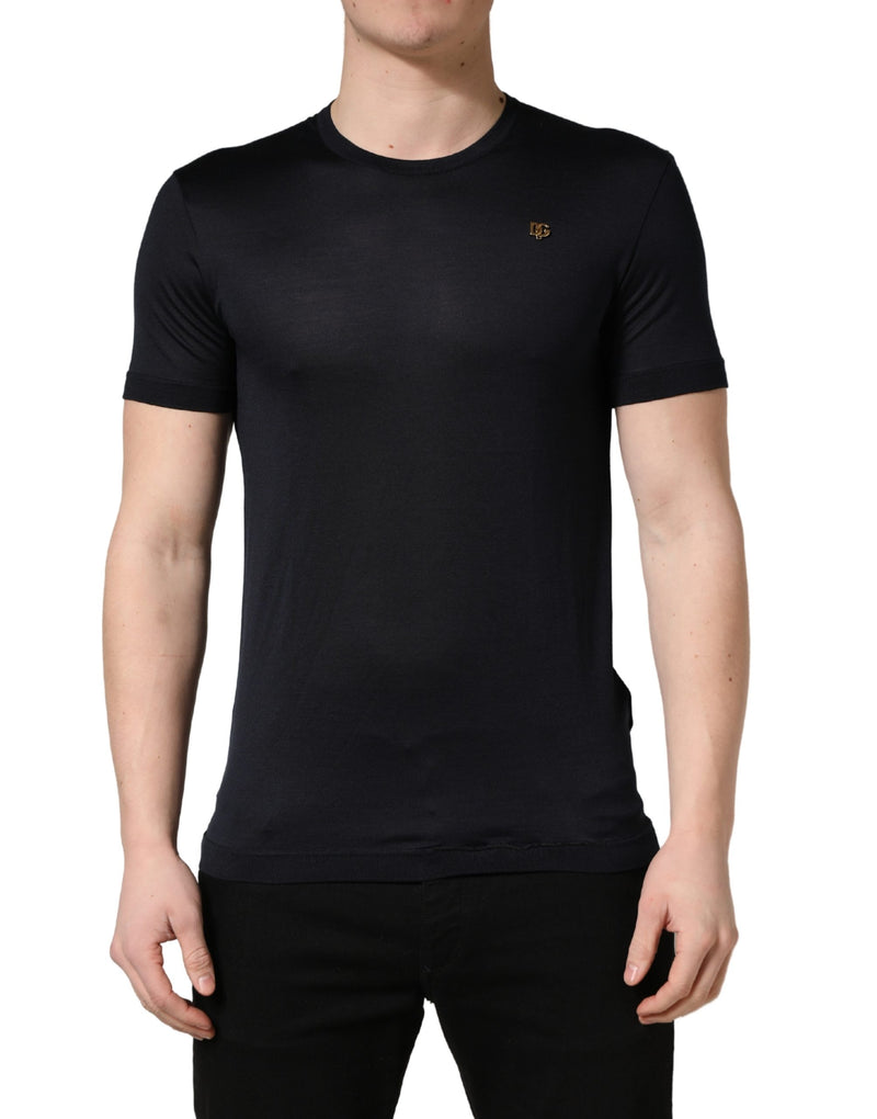 Dolce & Gabbana Donkerblauw DG Logo Zijden Heren T-shirt met Ronde Hals