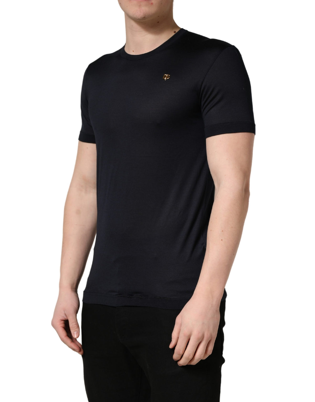 T-shirt Dolce & Gabbana en soie bleu foncé avec logo DG pour homme et col ras-du-cou