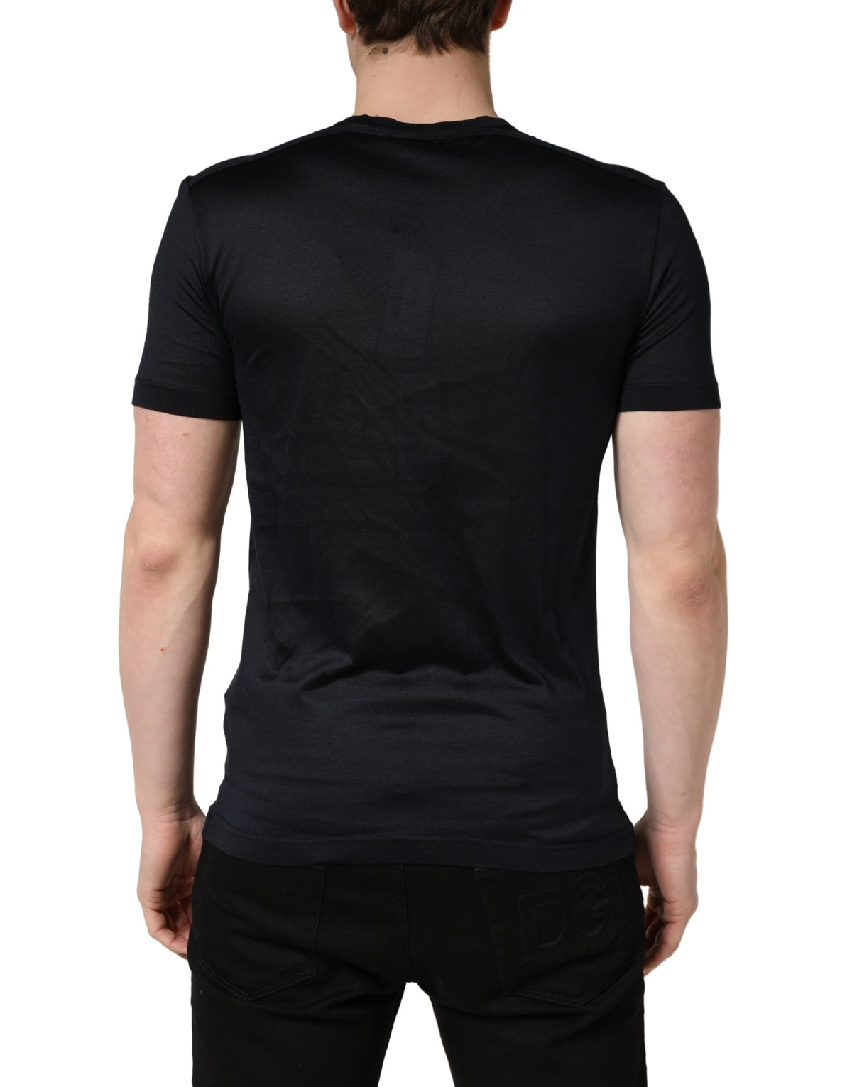T-shirt Dolce & Gabbana en soie bleu foncé avec logo DG pour homme et col ras-du-cou