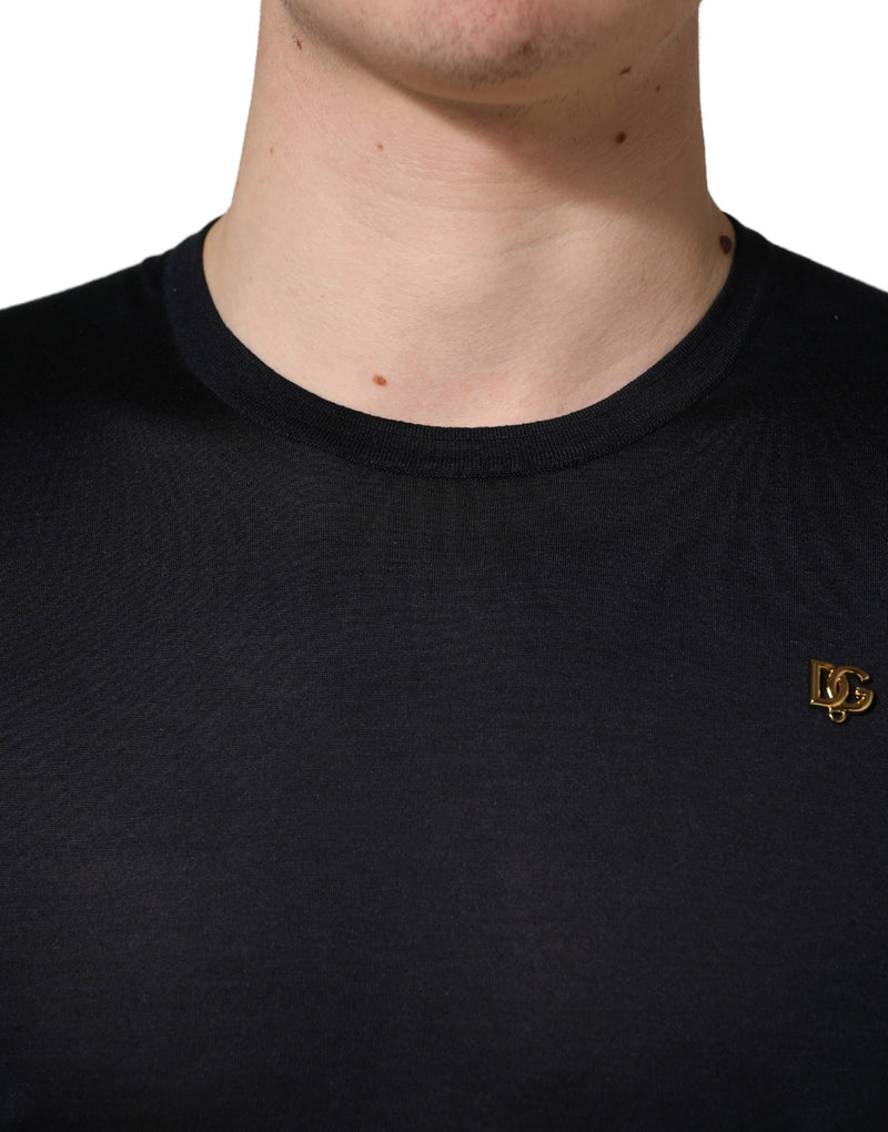 Dolce & Gabbana Donkerblauw DG Logo Zijden Heren T-shirt met Ronde Hals