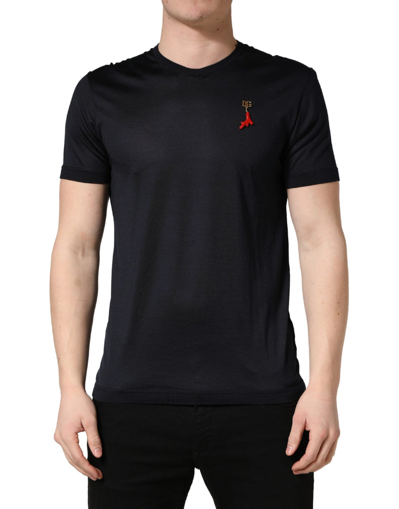 Dolce & Gabbana Donkerblauw DG Logo Zijden Heren T-shirt met Ronde Hals