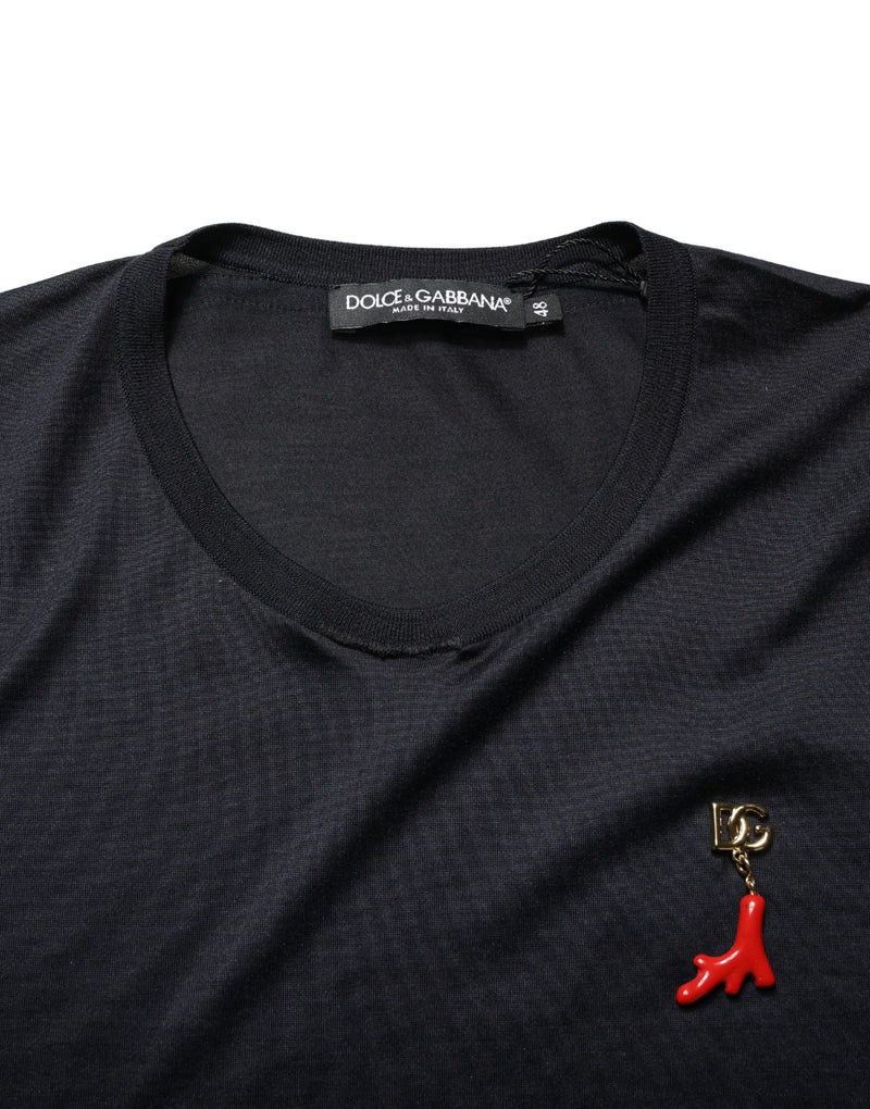 Dolce & Gabbana Donkerblauw DG Logo Zijden Heren T-shirt met Ronde Hals