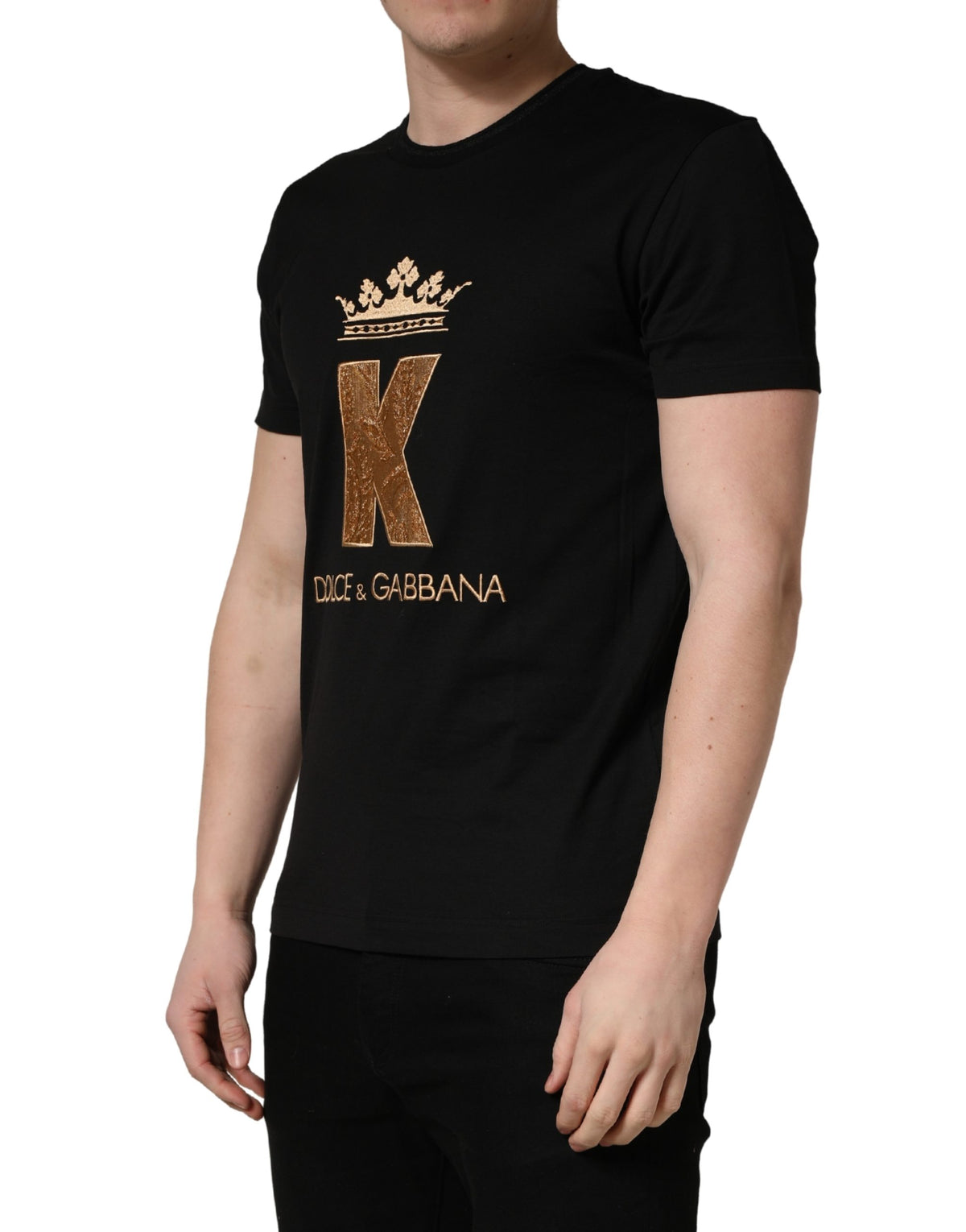 T-shirt col rond en coton noir avec écusson King pour homme Dolce & Gabbana