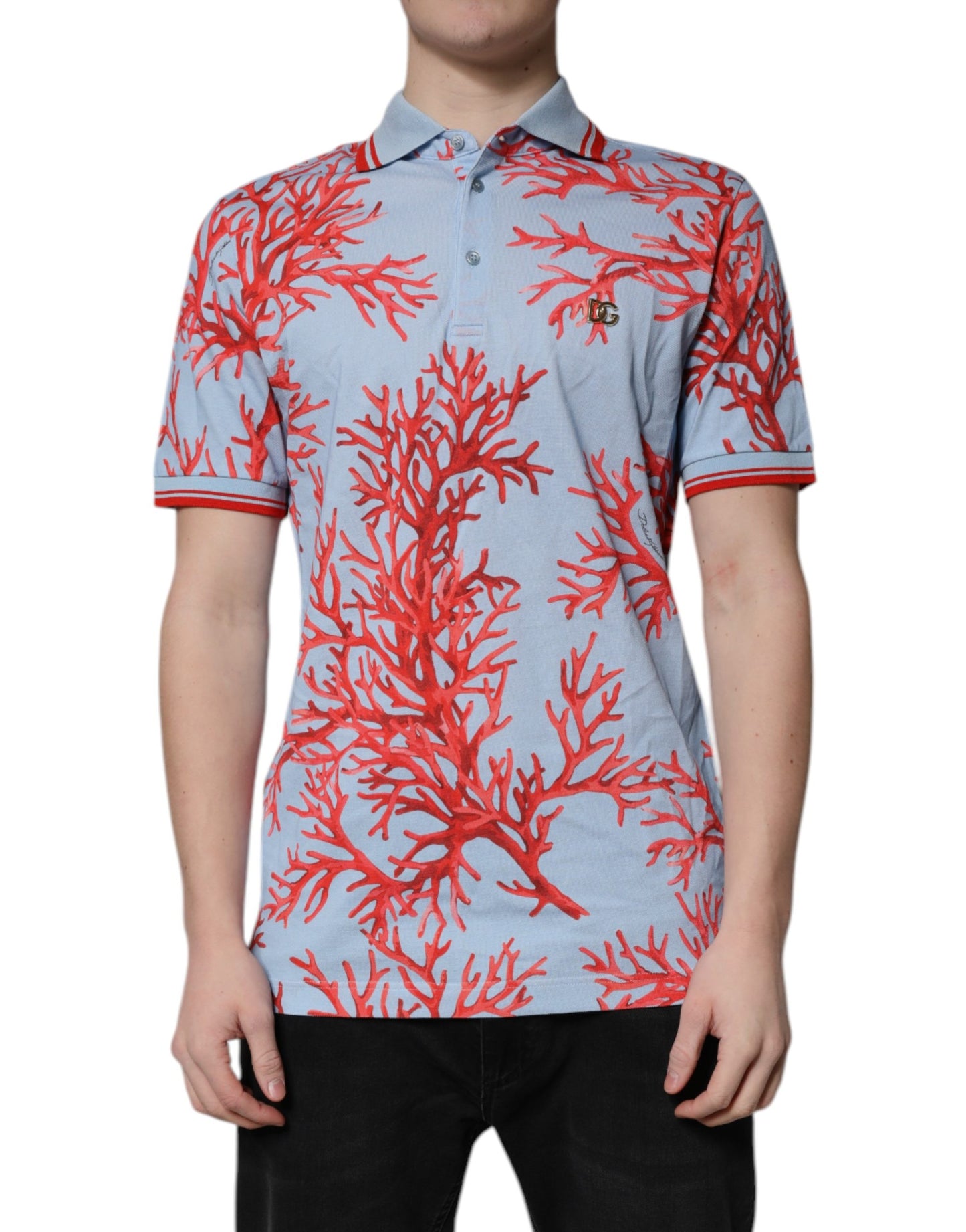 Dolce & Gabbana LightBlue Coral Katoenen Polo met Kraag