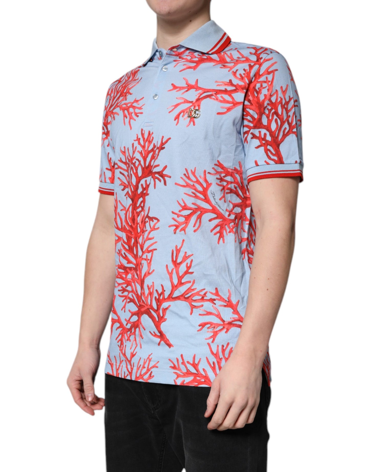 Dolce & Gabbana LightBlue Coral Katoenen Polo met Kraag