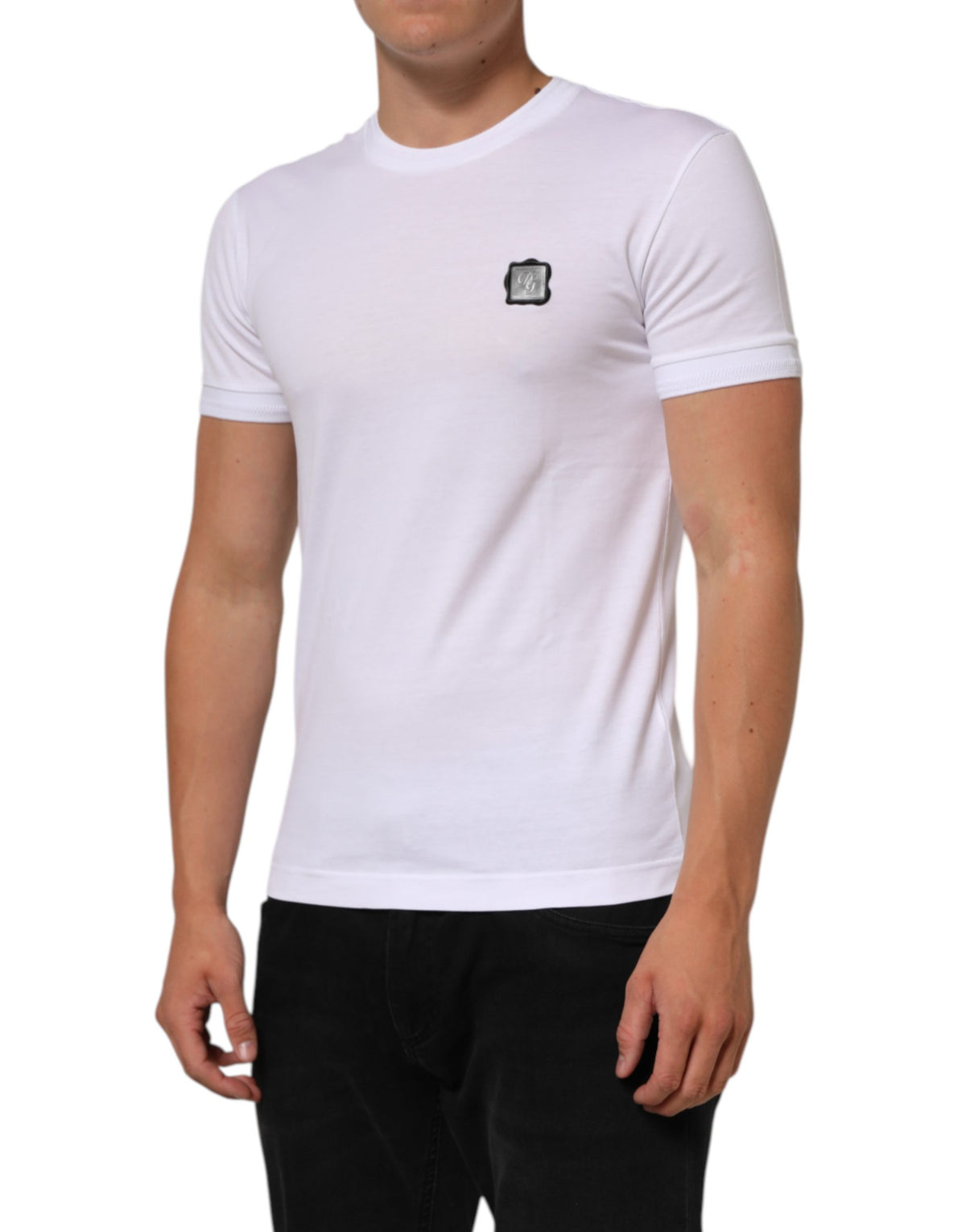 T-shirt en coton à col rond avec patch logo blanc Dolce &amp; Gabbana