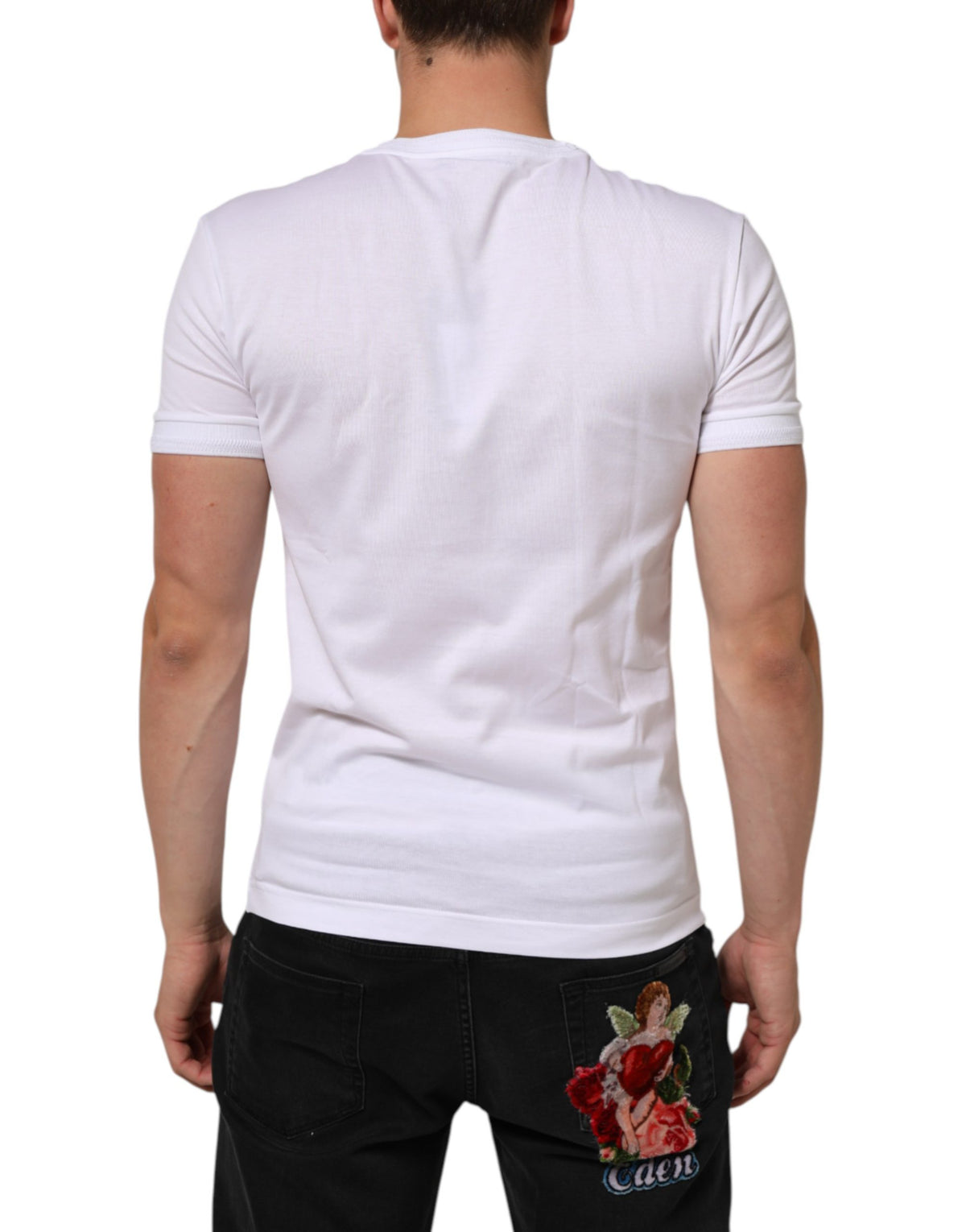 T-shirt en coton à col rond avec patch logo blanc Dolce &amp; Gabbana