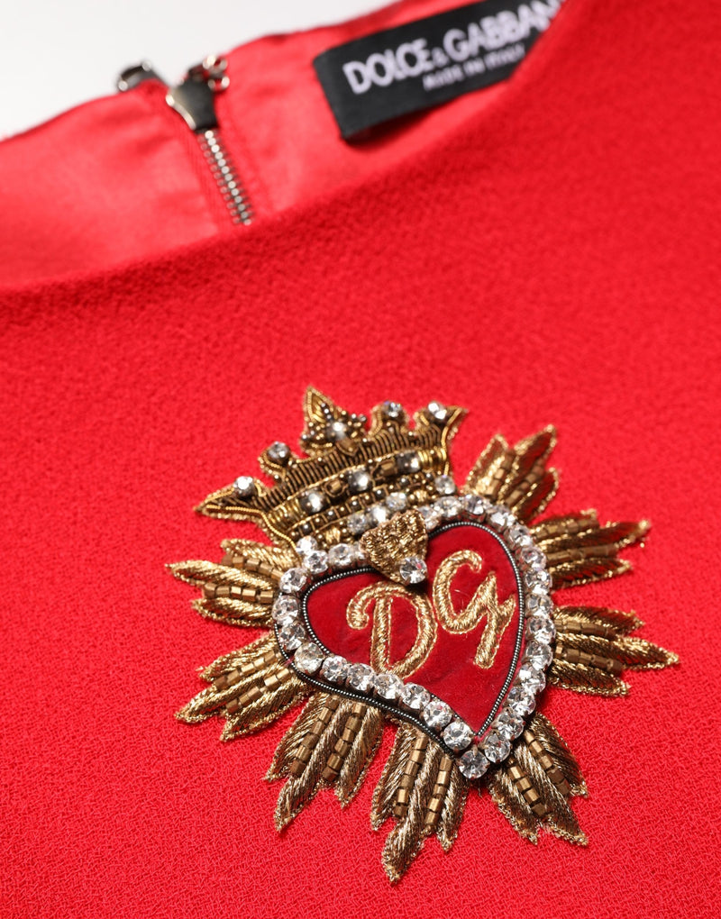 Dolce & Gabbana Red Heart Embellished Wool Mini Dress