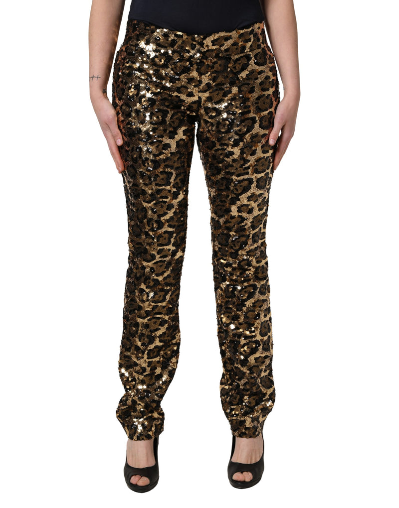 Dolce & Gabbana Gold Leopard Sequined Straight Trouser Pants