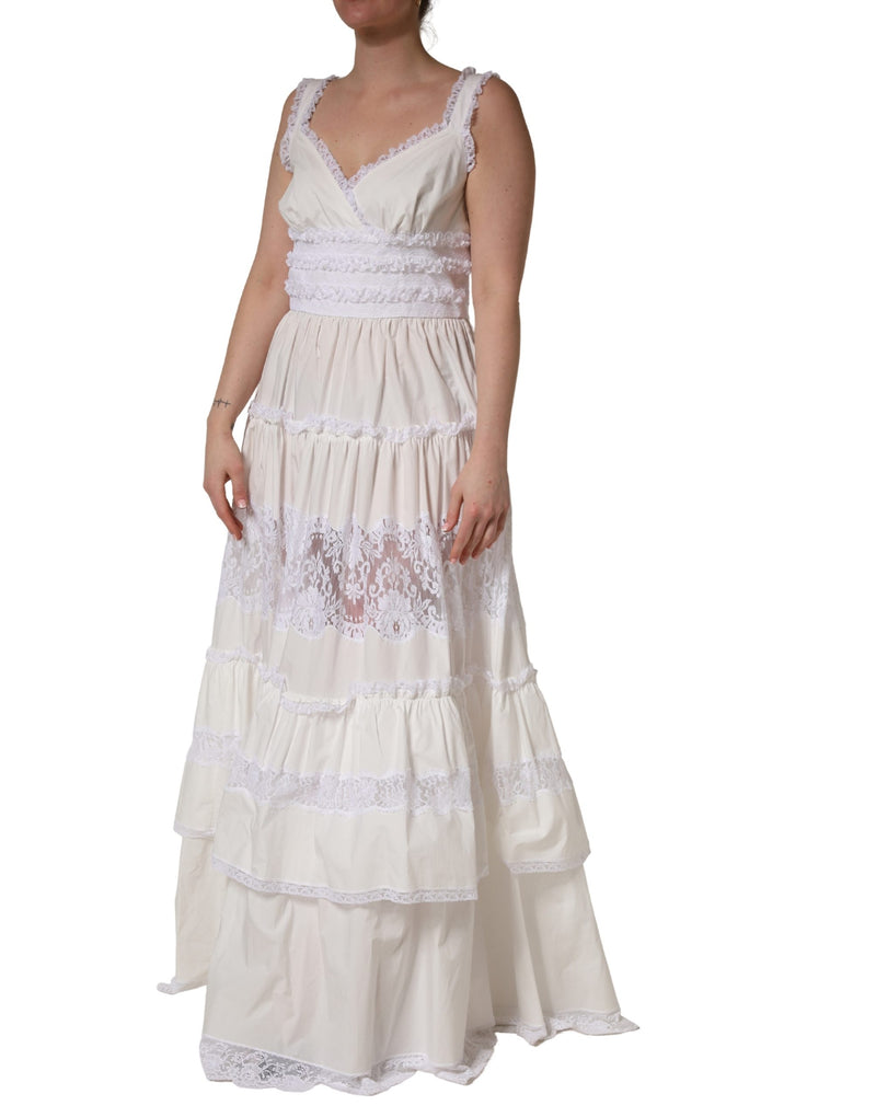 Dolce & Gabbana White Cotton Sleeveless Lace Maxi Dress