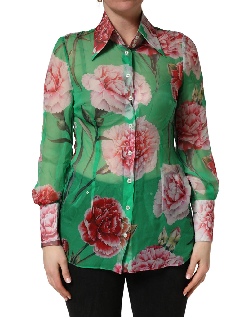Dolce & Gabbana Green Carnation Print Silk Collared Blouse Top