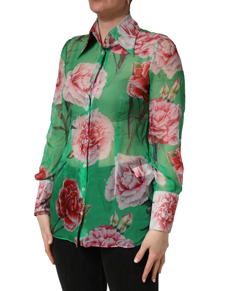 Dolce & Gabbana Green Carnation Print Silk Collared Blouse Top
