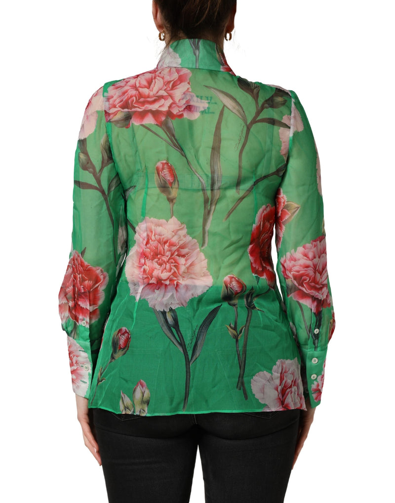 Dolce & Gabbana Green Carnation Print Silk Collared Blouse Top