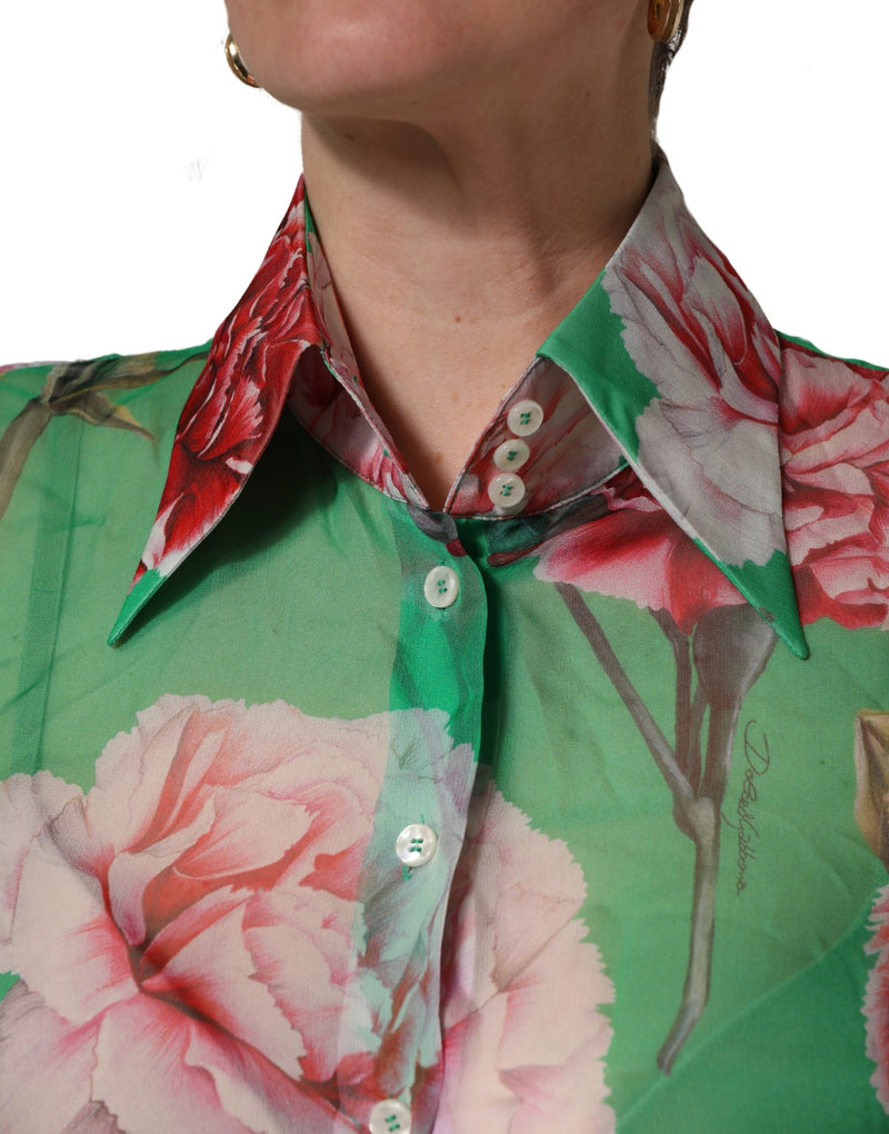 Dolce & Gabbana Green Carnation Print Silk Collared Blouse Top
