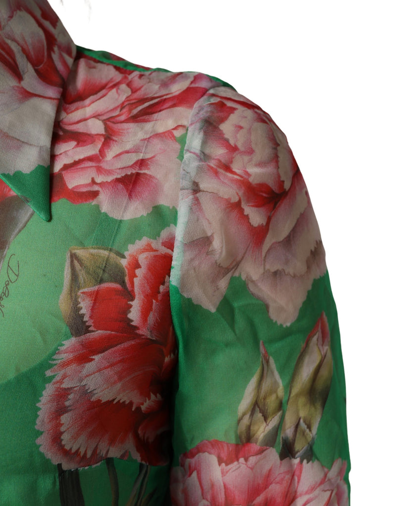 Dolce & Gabbana Green Carnation Print Silk Collared Blouse Top