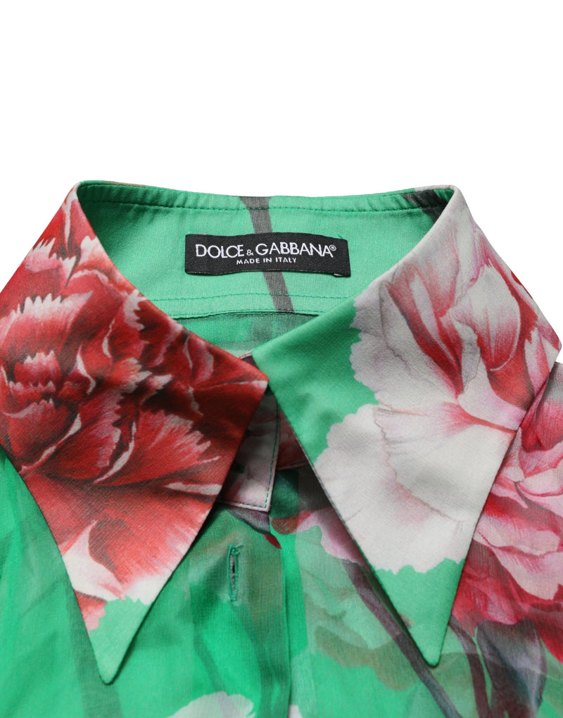 Dolce & Gabbana Green Carnation Print Silk Collared Blouse Top