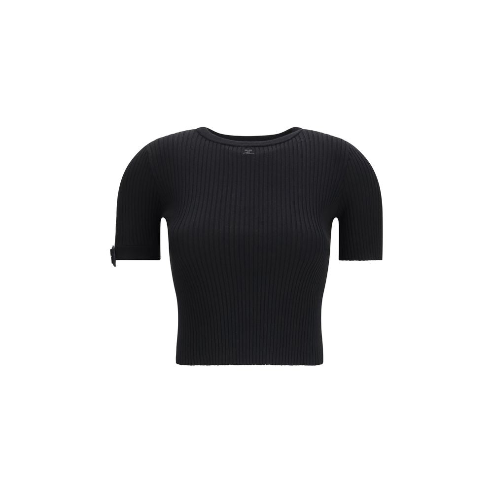 Courrèges Black Viscose Crop Top with Logo Detail