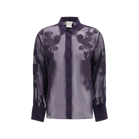Forte_Forte Blue Viscose Blouse - Elegant Floral Embroidery