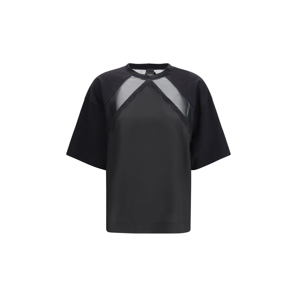 PINKO Stephanie Black Cotton T-Shirt with Lace Inserts