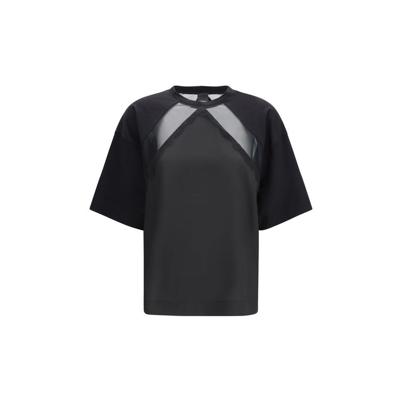 PINKO Stephanie Black Cotton T-Shirt with Lace Inserts