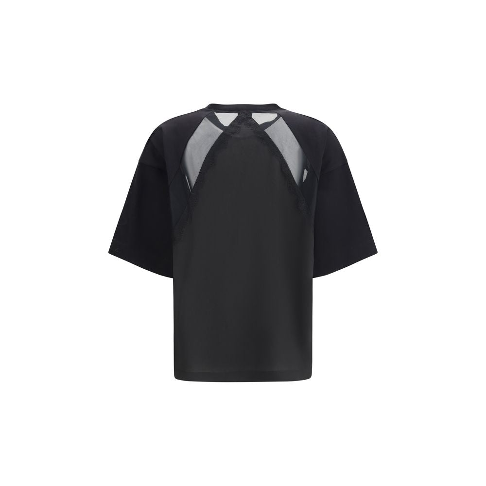 PINKO Stephanie Black Cotton T-Shirt with Lace Inserts