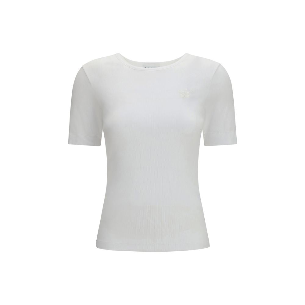 Ganni White Cotton T-Shirt - Slim Fit with Logo Embroidery