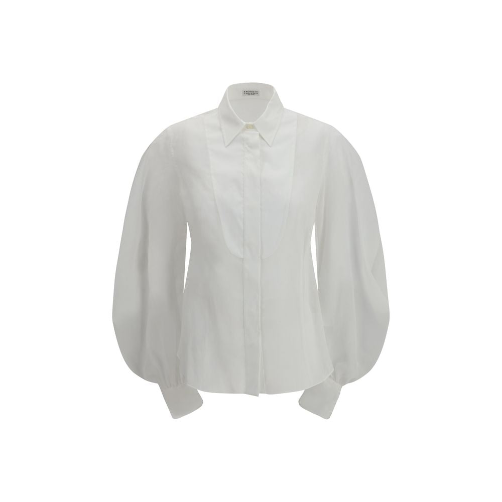 Brunello Cucinelli White Cotton Blouse with Lantern Sleeves