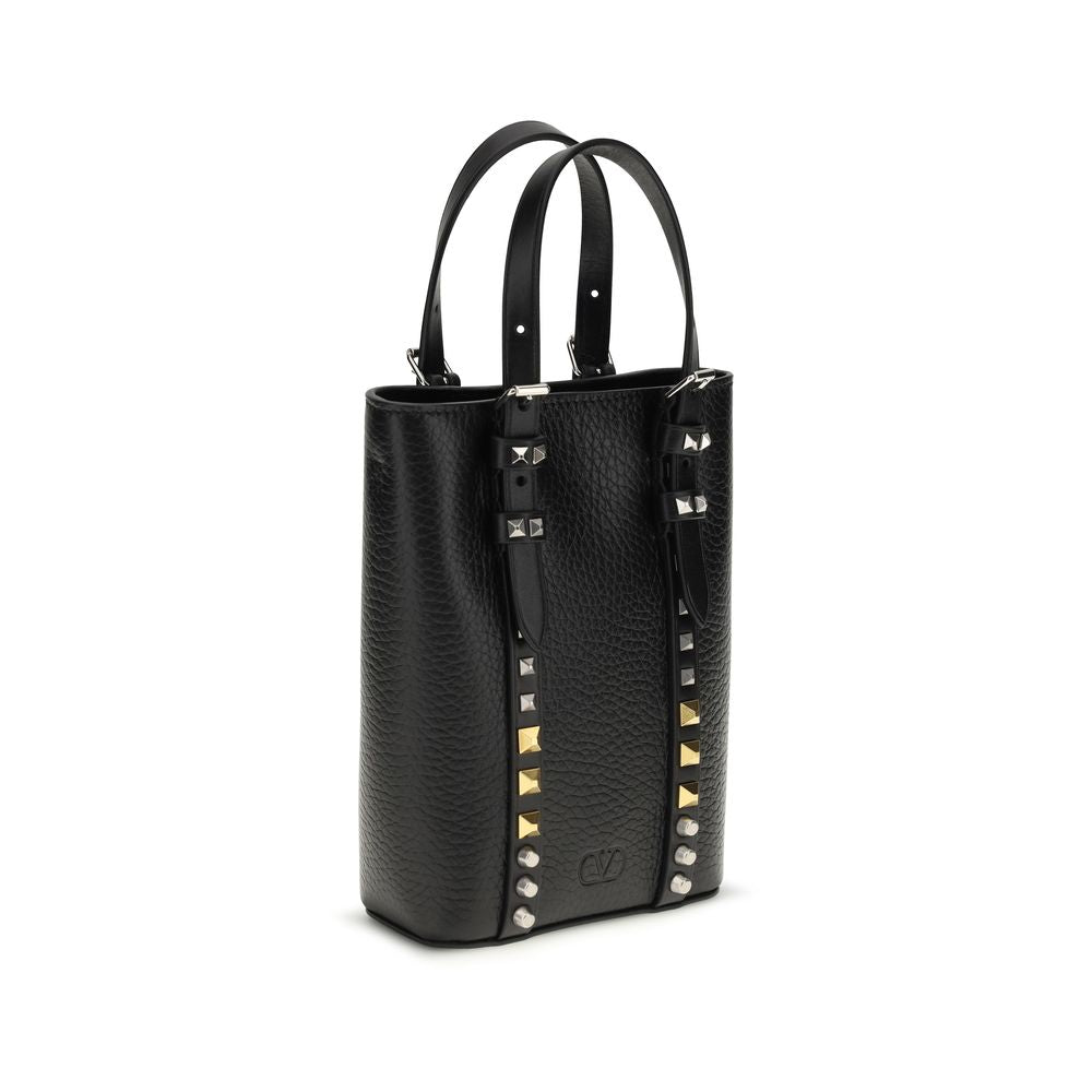 Valentino Garavani Black Calf Leather Rockstud Mini Bucket Bag