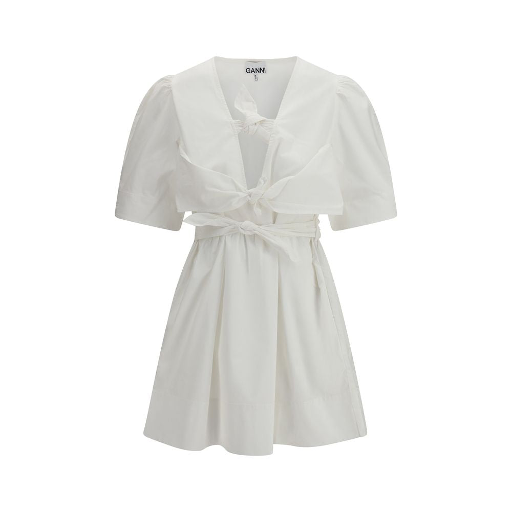 Ganni White Cotton Casual Dress with Deep V-Neckline