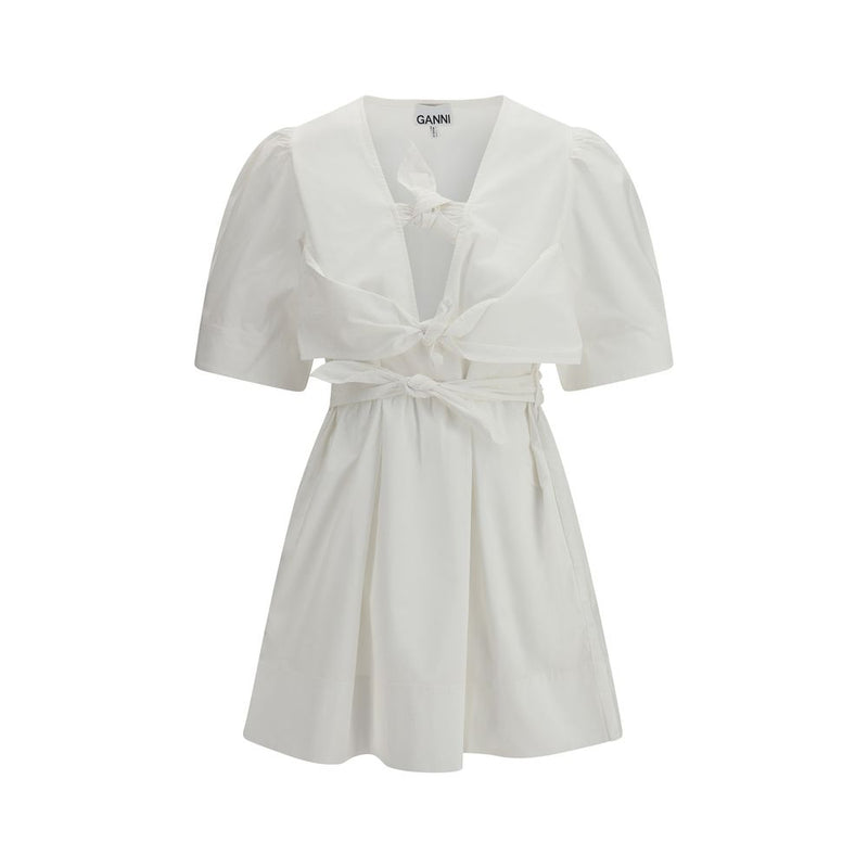Ganni White Cotton Casual Dress with V-Neck and Puff Sleeves