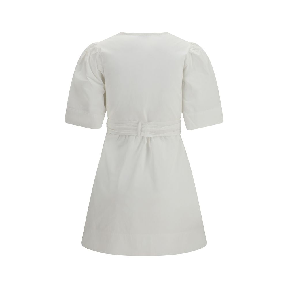 Ganni White Cotton Casual Dress with Deep V-Neckline