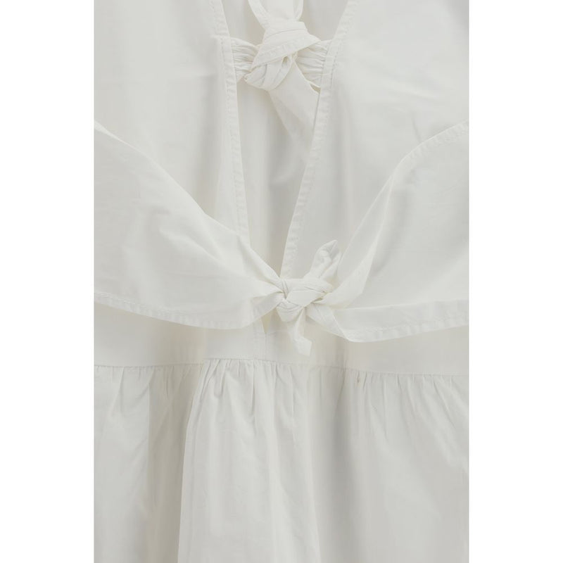 Ganni White Cotton Casual Dress with V-Neck and Puff Sleeves