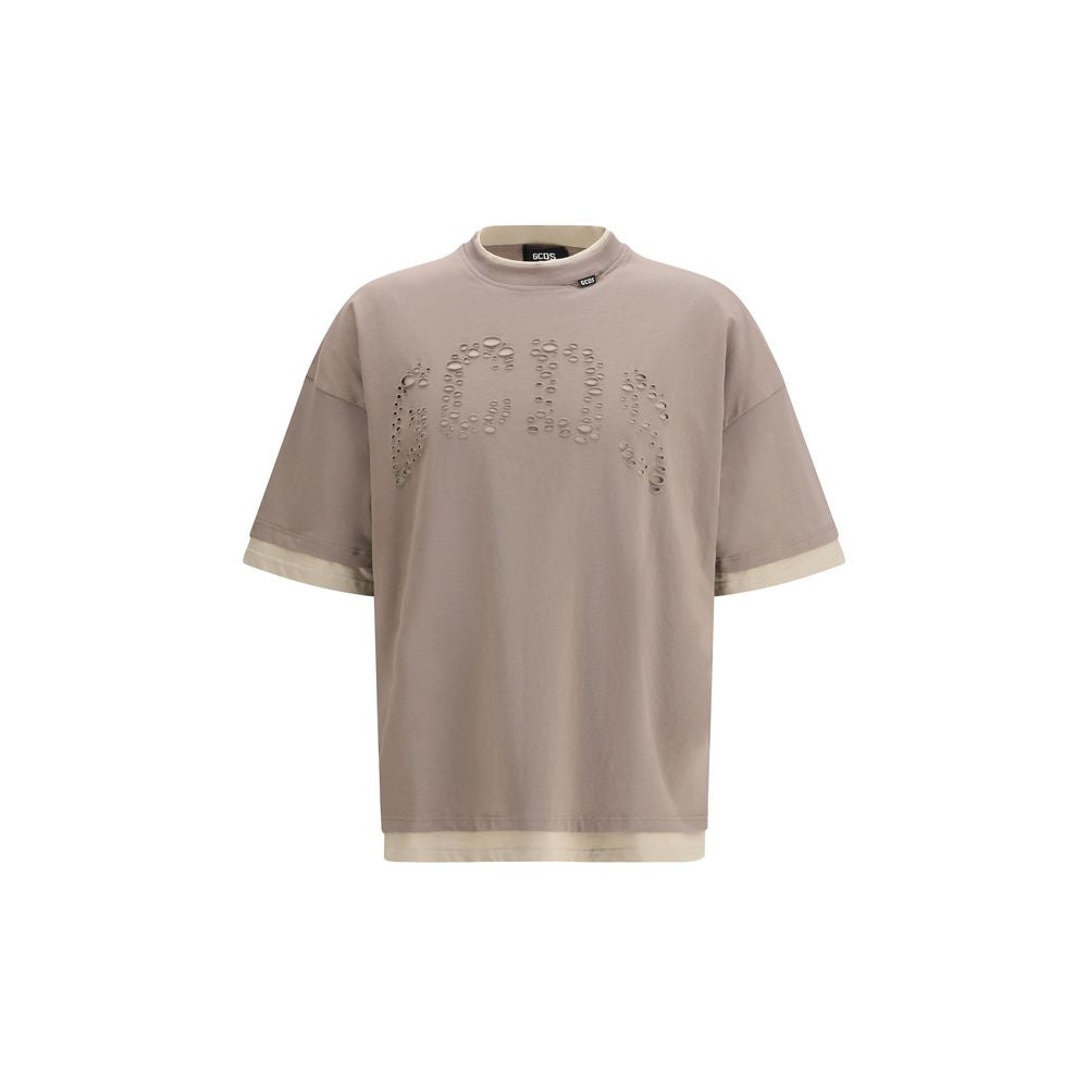 GCDS Brown Cotton T-Shirt with Laser-Perforated Logo