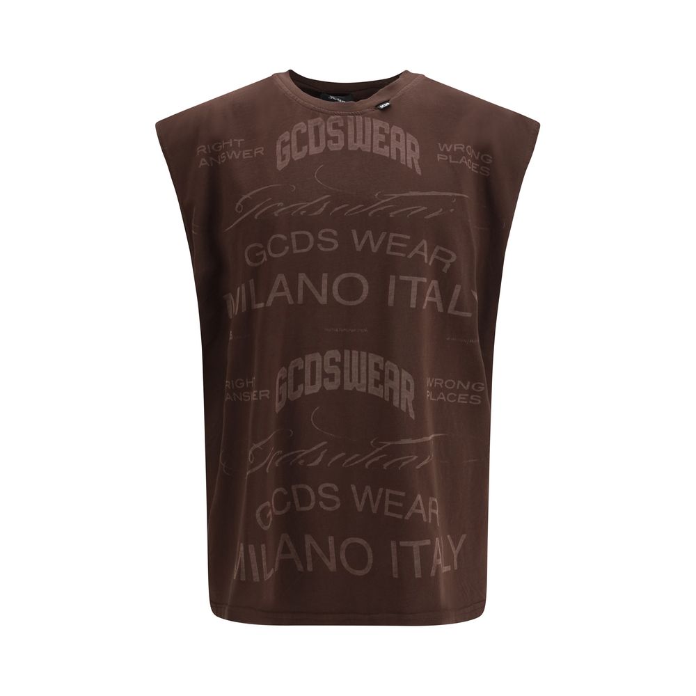 GCDS Brown Cotton T-Shirt - History Sleeveless Design