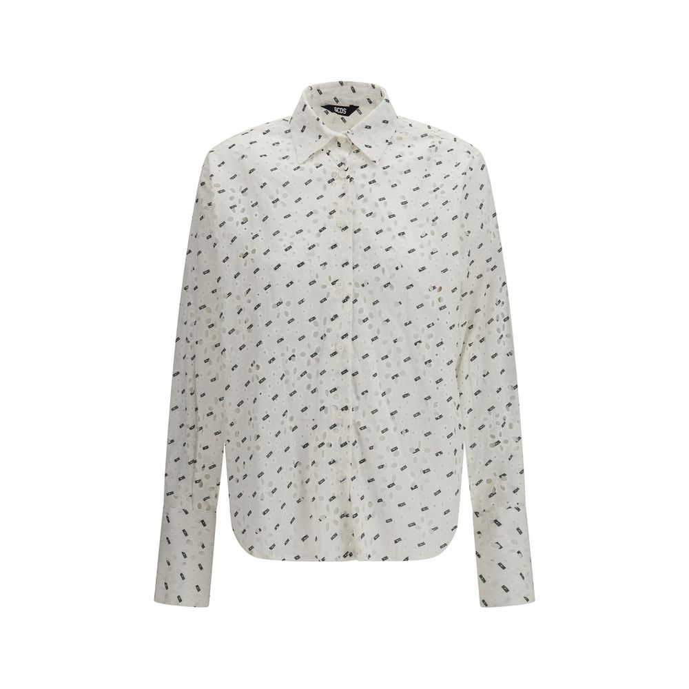 GCDS White Cotton Pattern Shirt - Oversized Broderie Anglaise