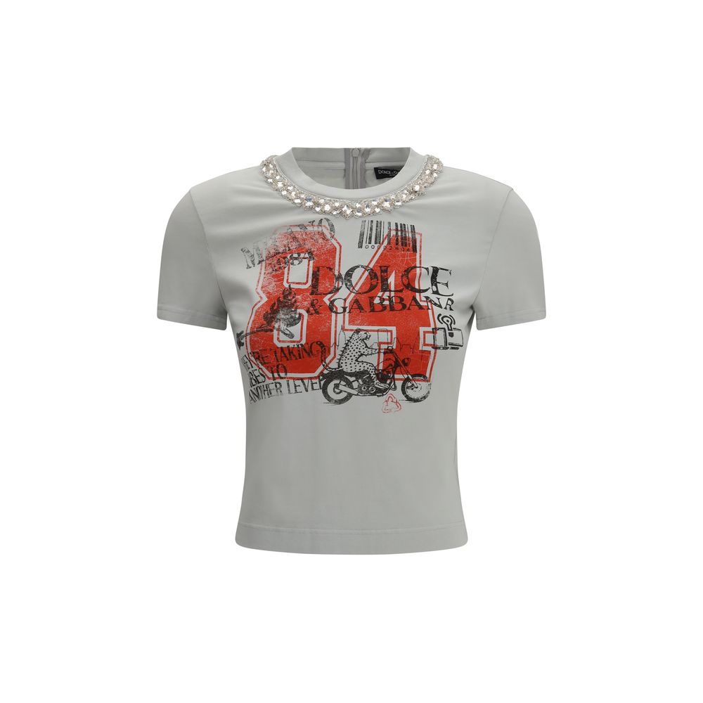 Dolce & Gabbana Gray Cotton T-Shirt with Crystal Embellishments