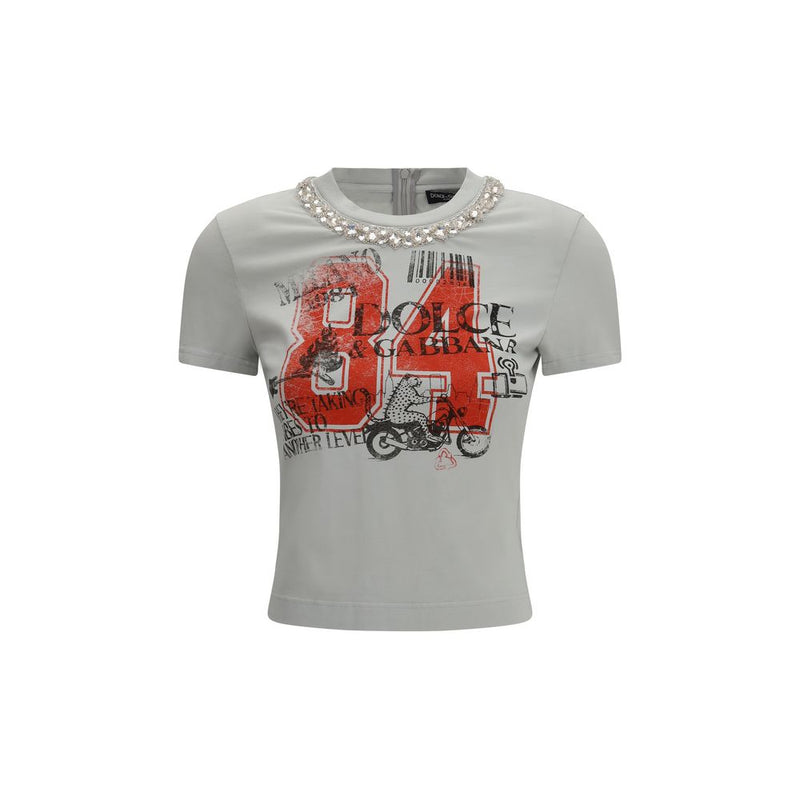 Dolce & Gabbana Gray Cotton T-Shirt with Crystals