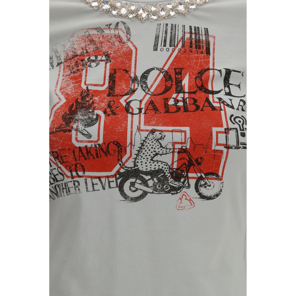 Dolce & Gabbana Gray Cotton T-Shirt with Crystal Embellishments