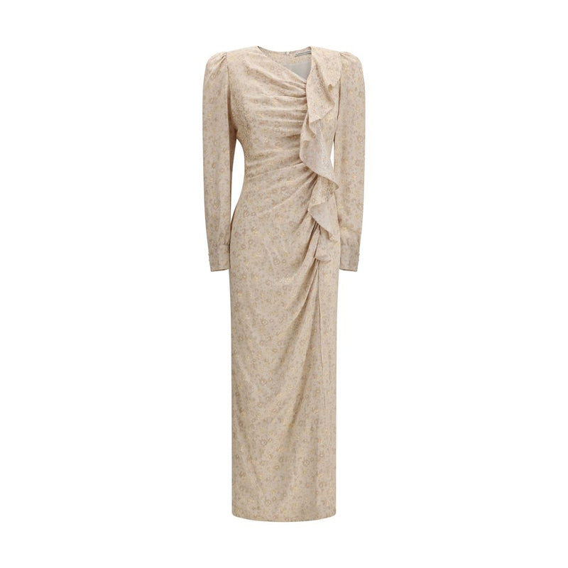 Alessandra Rich Beige Silk Jacquard Draped Dress