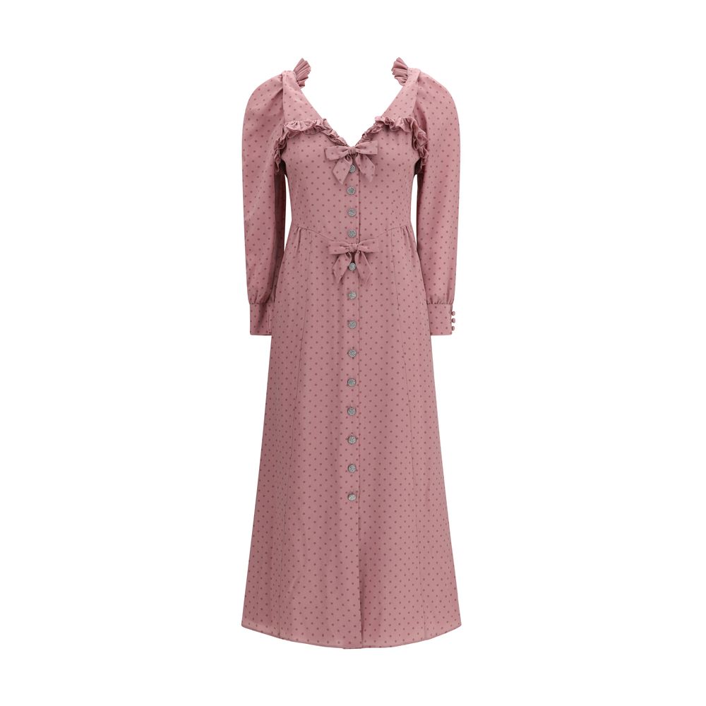 Alessandra Rich Polka Dot Silk Midi Dress with Ruffles