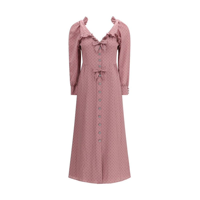 Alessandra Rich Polka Dot Silk Midi Dress with Ruffles