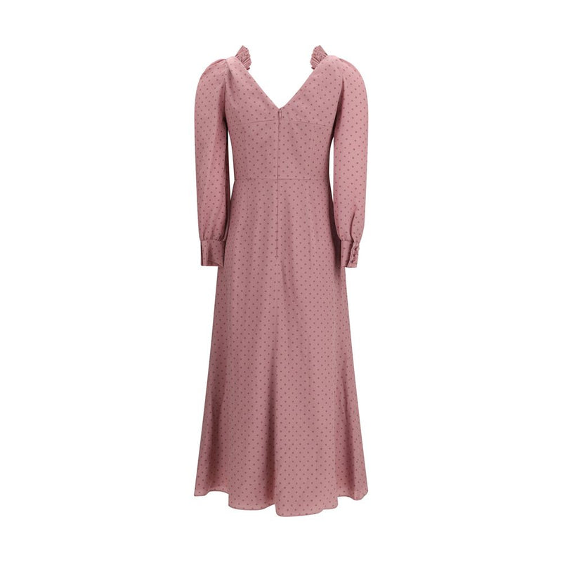 Alessandra Rich Polka Dot Silk Midi Dress with Ruffles