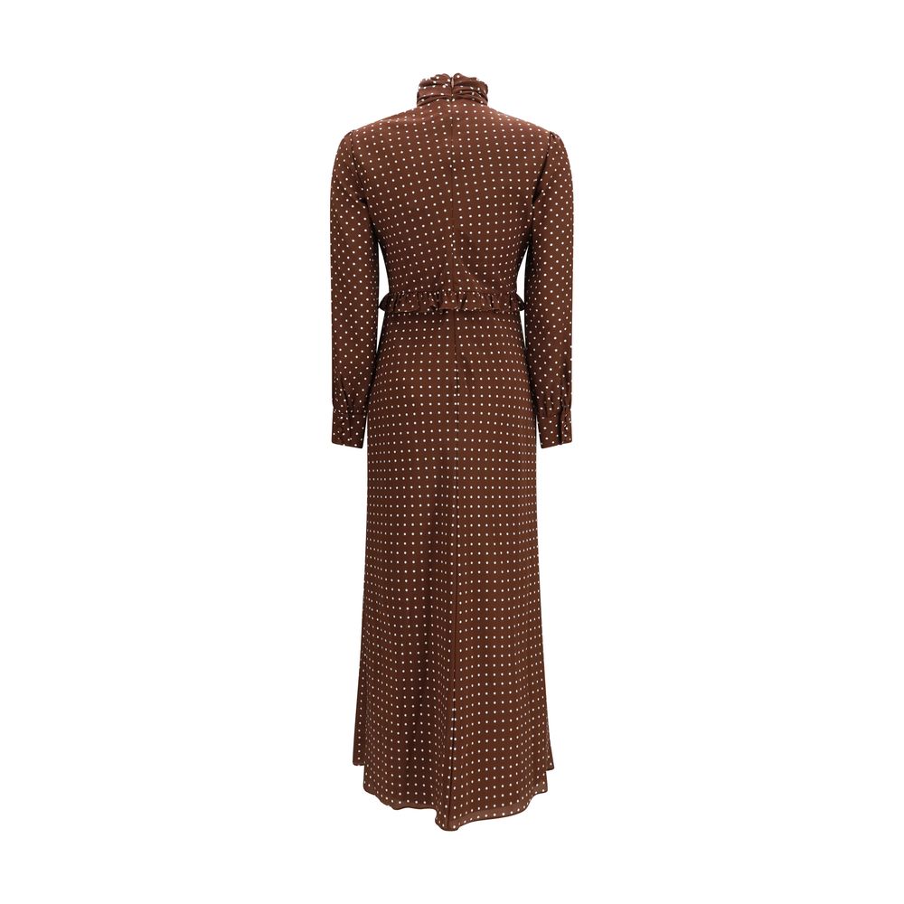 Alessandra Rich Brown Silk Polka Dot Midi Dress