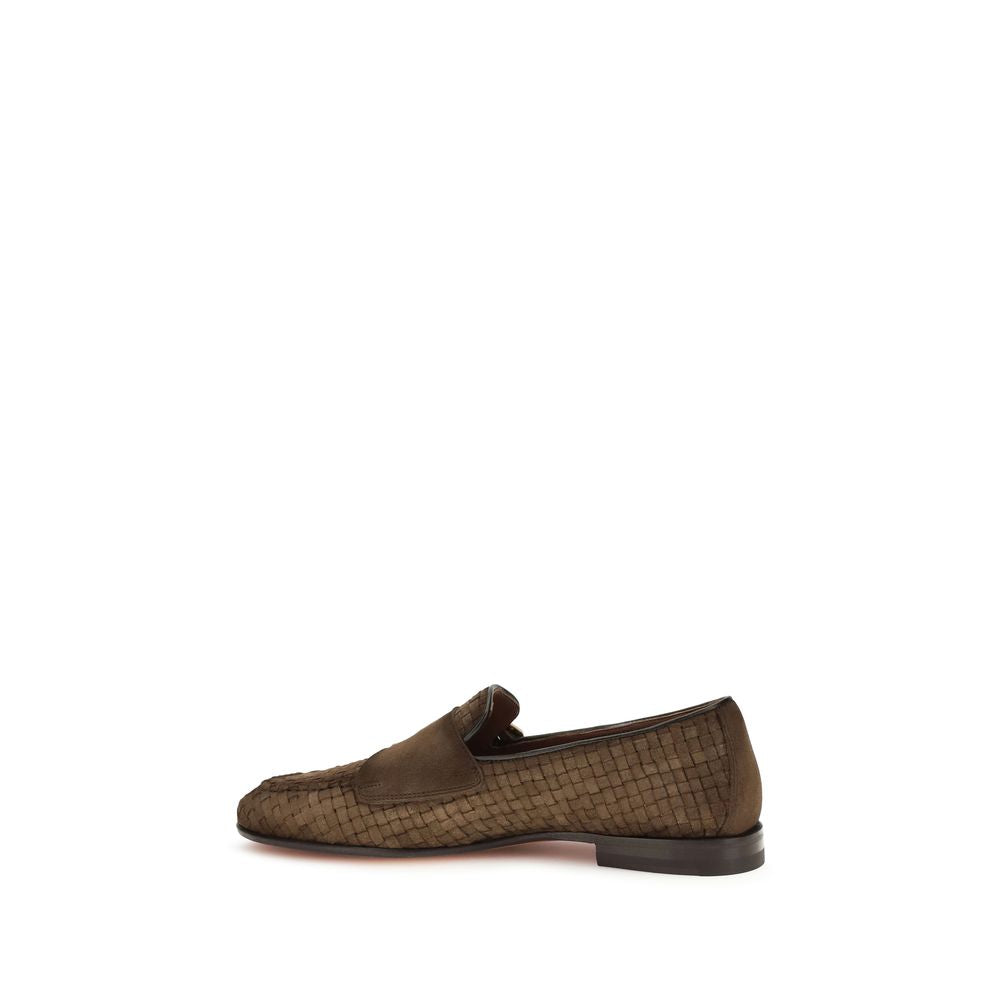 Santoni Brown Calf Leather Bos Taurus Slip-On Loafers