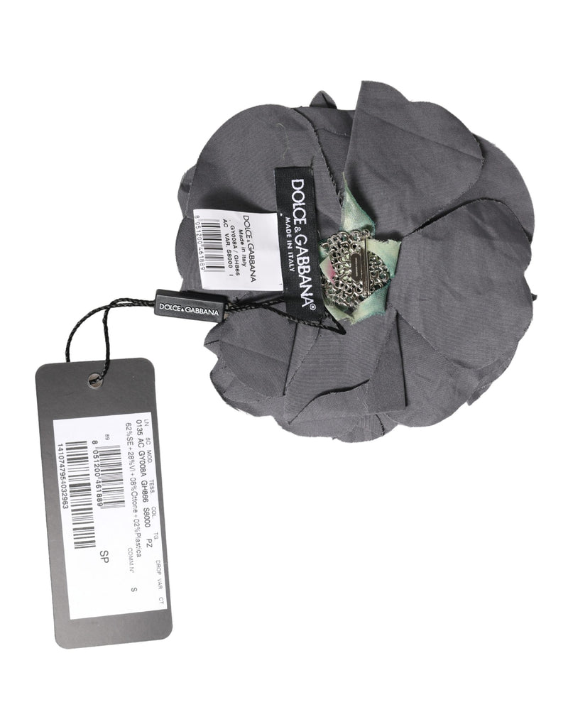 Dolce & Gabbana Gray Floral Motif Silk Blend Bar Pin Brooch