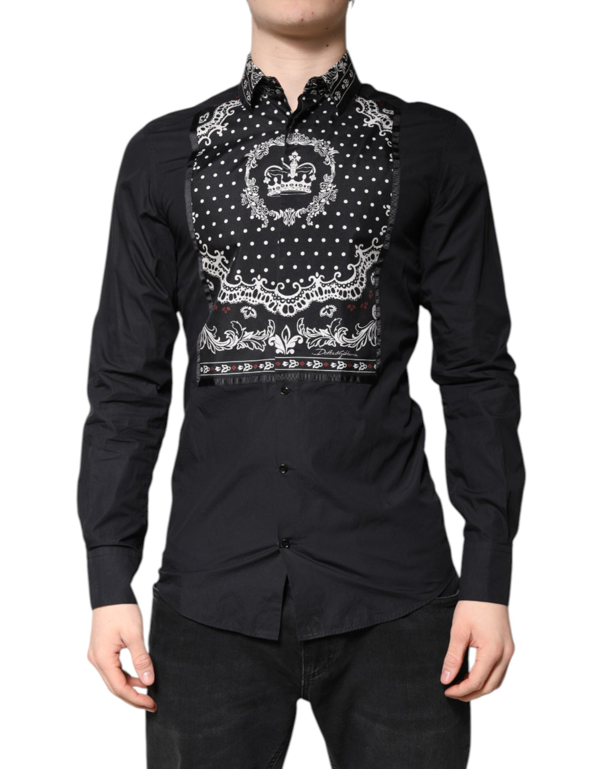 Chemise habillée formelle Dolce &amp; Gabbana à motif bandana noir et blanc, dorée.